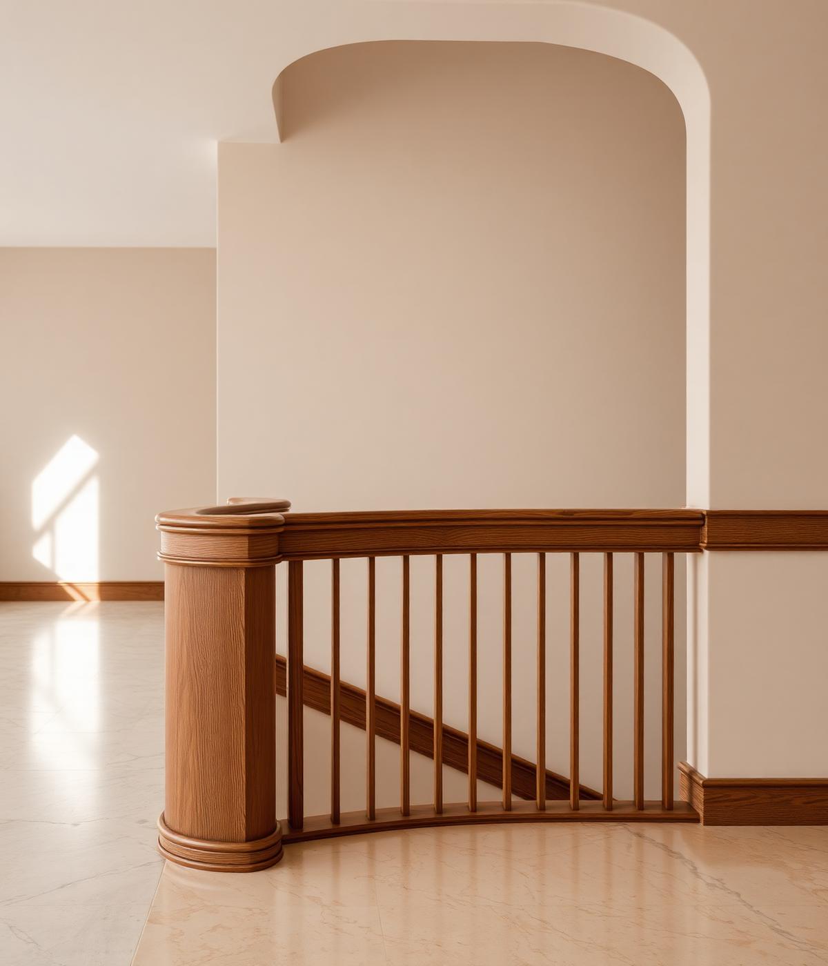 Warm oak stair banister with morning light