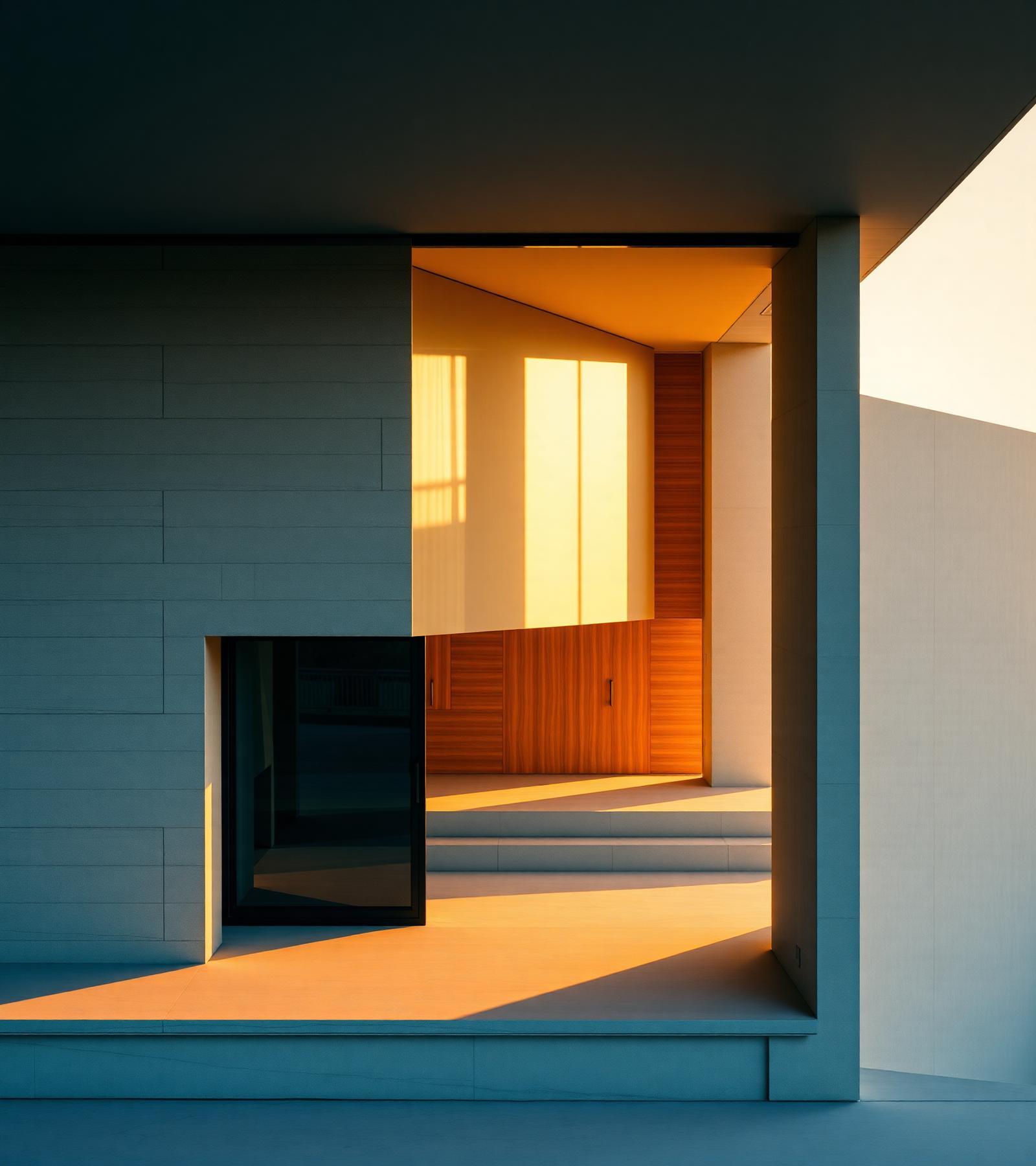 Sunlit modern residential entry with warm wood and stone detailing