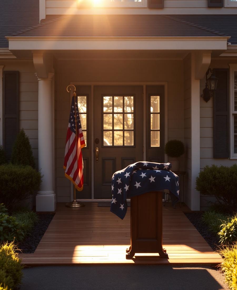 American flag at a sunlit residential entryway