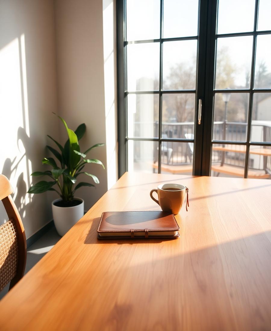Warm wood workspace with morning light